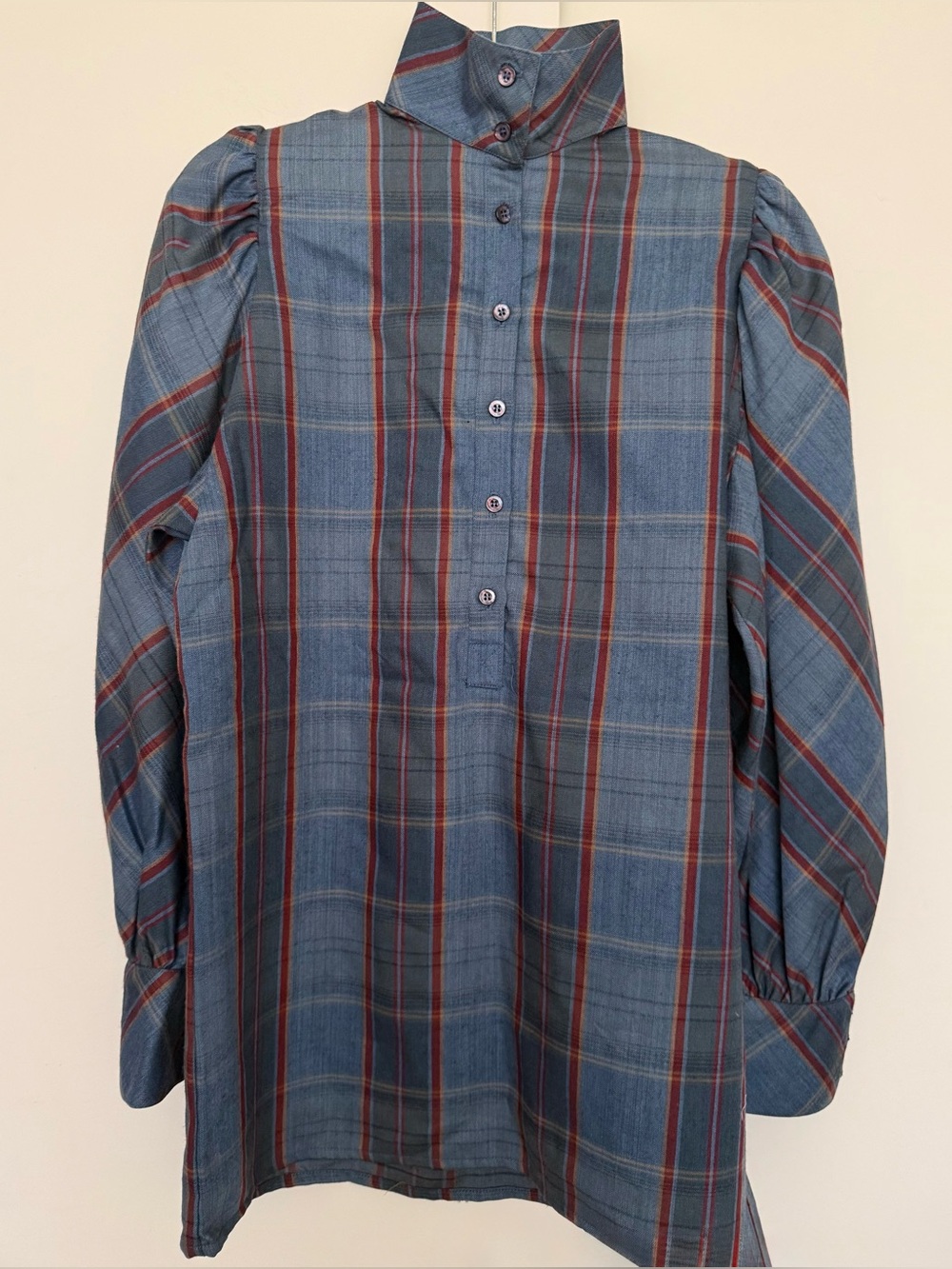 Vintage Made in UK Plaid High Neck Wool blend Pullover Tunic Blue Grey Oxblood L